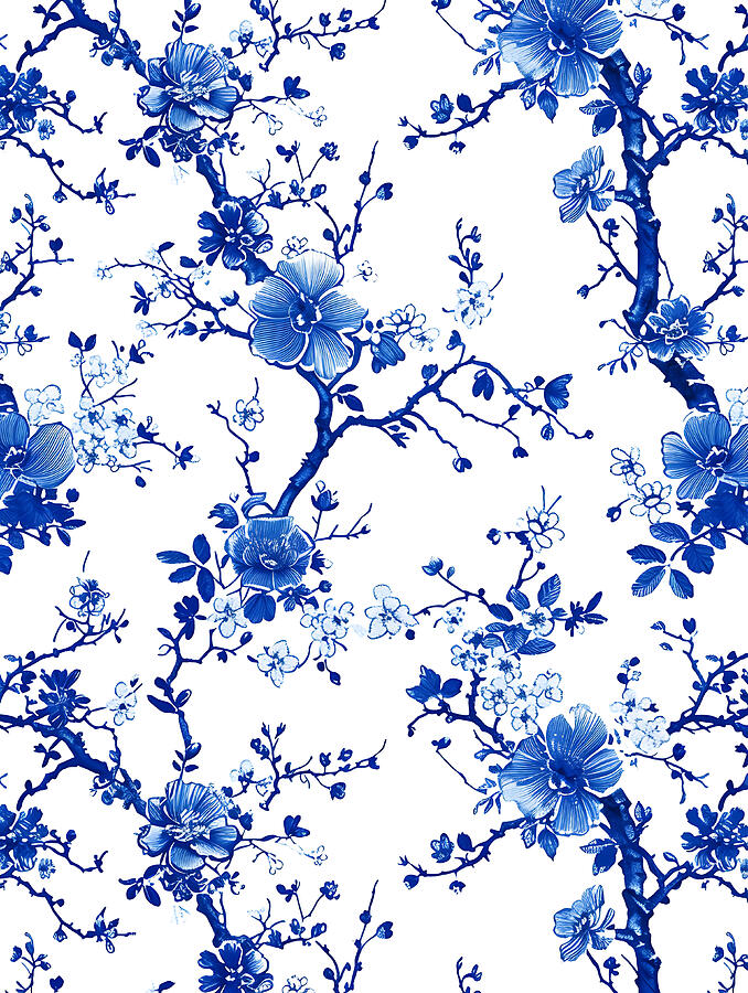 Flower Digital Art - Blue And White Floral Pattern #8 by Benameur Benyahia