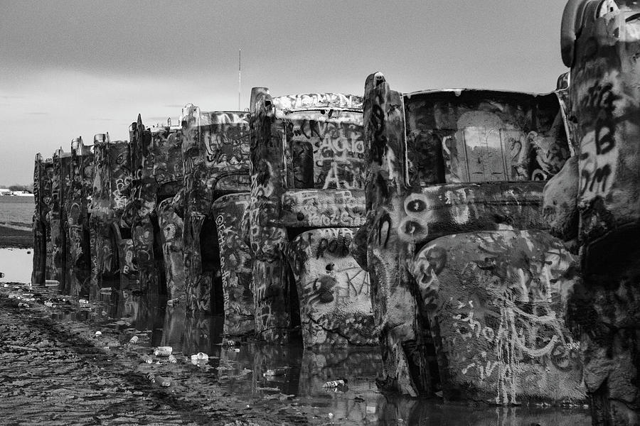 Cadillac Ranch on Historic Route 66 in Amarillo Texas in black and white #8 Photograph by Eldon McGraw