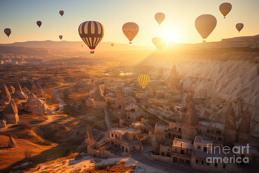 Cappadocia air balloons flying at sunset in Turkey #8 Digital Art by Benny Marty