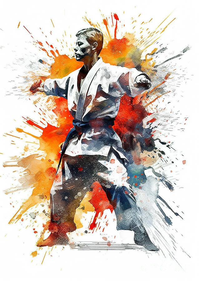 Colorful paint splashes during martial artist action. #8 Digital Art by Odon Czintos