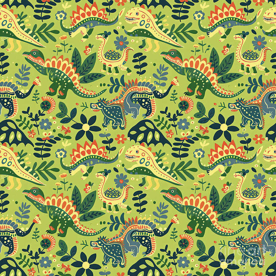 Dinosaur Digital Art - Delightful Dinosaurs in Enchanted Garden Pattern #8 by Lauren Blessinger