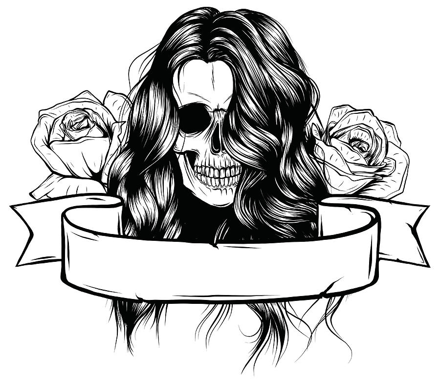 Download Girl with skeleton make up hand drawn vector sketch. Santa muerte woman witch portrait stock ...