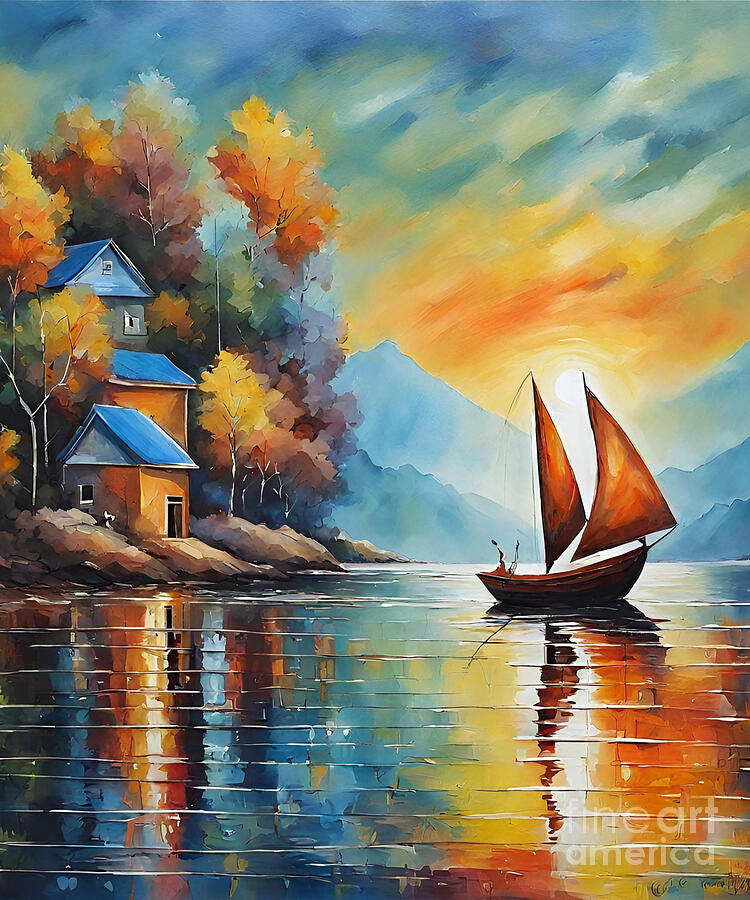 Sunset Painting - Hills and Lake painting #8 by Naveen Sharma