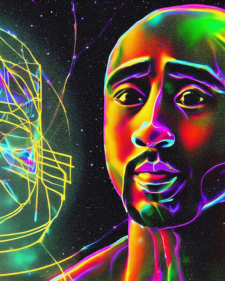 Hologram Of Tupac Floating In Space A Vibrant Digital Illustration