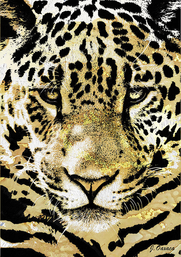 Golden Leopard Face Mixed Media by J U A N - O A X A C A