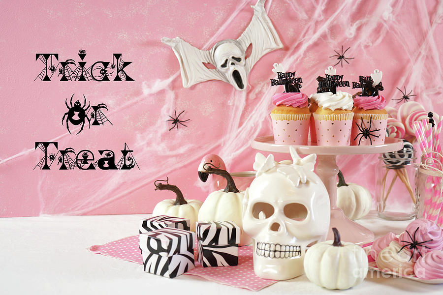 On trend pink Halloween party table with cupcakes #8 Photograph by Milleflore Images