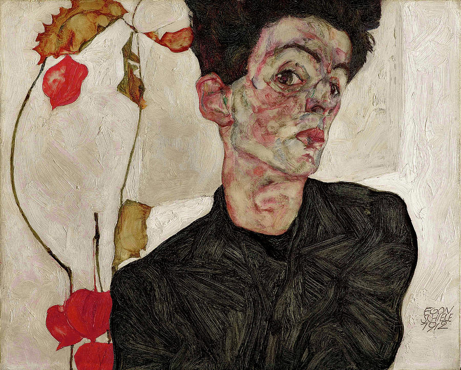 Self-Portrait with Physalis #1 Painting by Egon Schiele