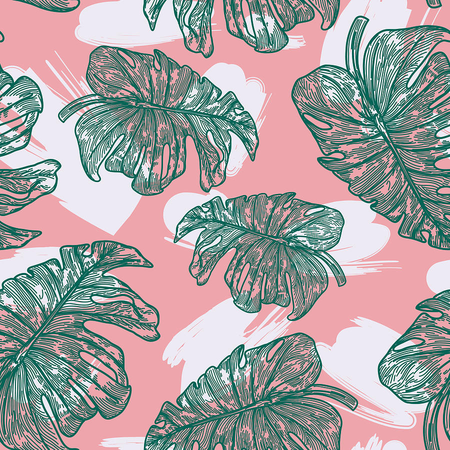 80s 90s Tropical Monstera Plant Pattern Drawing by Samposnick