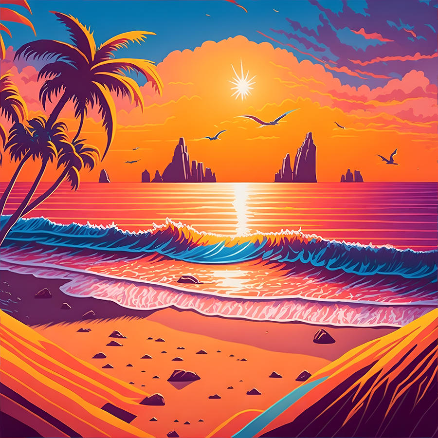 80's retrowave Sunset Beach Poster Design Digital Art by Ryan Sukhraj ...