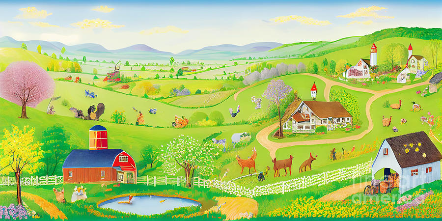 An  Idyllic  Spring  Landscape  With  Farm  Animals  By Asar Studios Digital Art