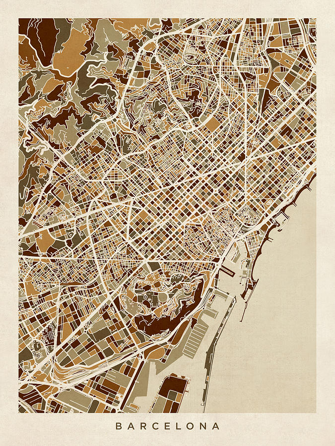 Barcelona Digital Art - Barcelona Spain City Map #9 by Michael Tompsett