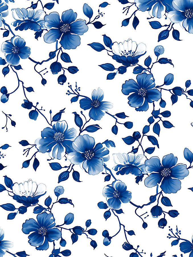 Flower Digital Art - Blue And White Floral Pattern #9 by Benameur Benyahia