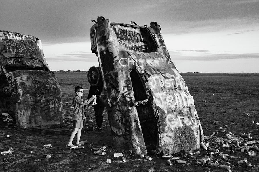 Cadillac Ranch on Historic Route 66 in Amarillo Texas in black and white #9 Photograph by Eldon McGraw