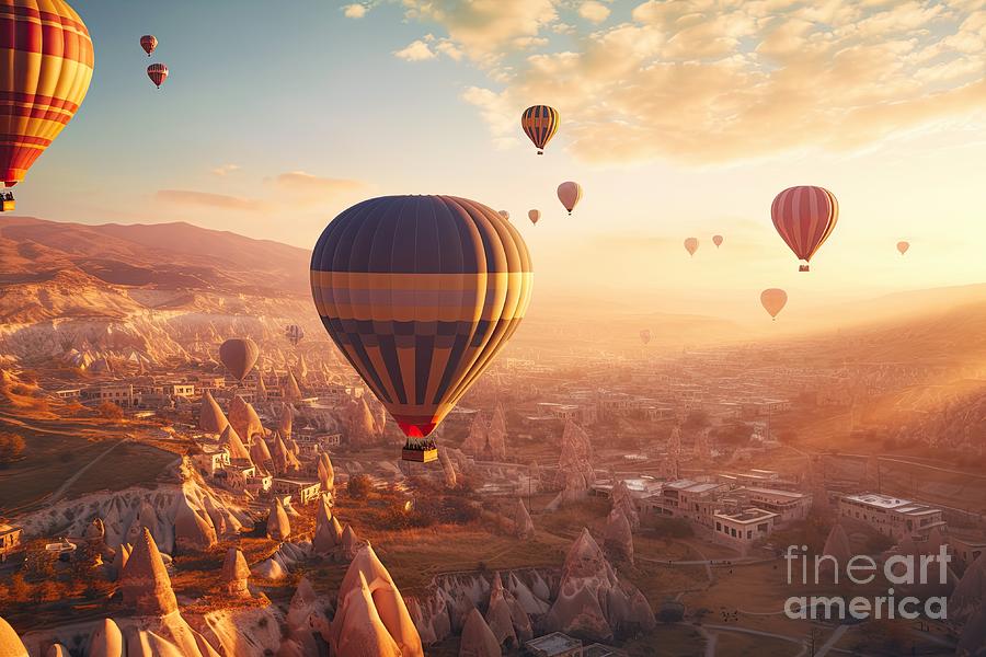 Cappadocia air balloons flying at sunset in Turkey #9 Digital Art by Benny Marty