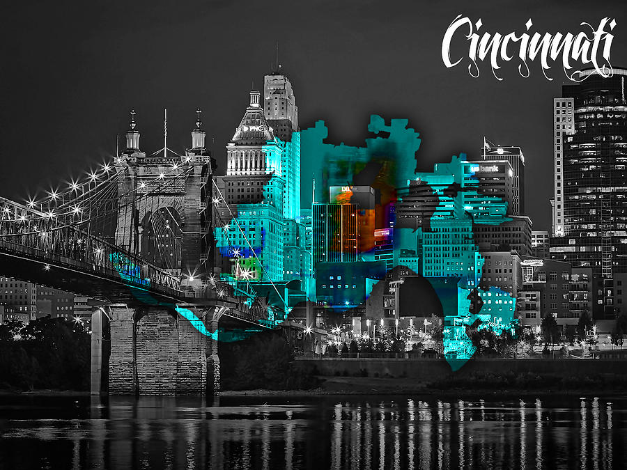 Cincinnati Map and Skyline Watercolor #9 Mixed Media by Marvin Blaine
