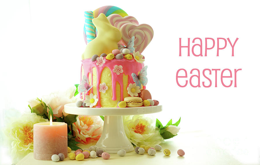 Easter candy land drip cake decorated with lollipops and white bunny. #9 Photograph by Milleflore Images