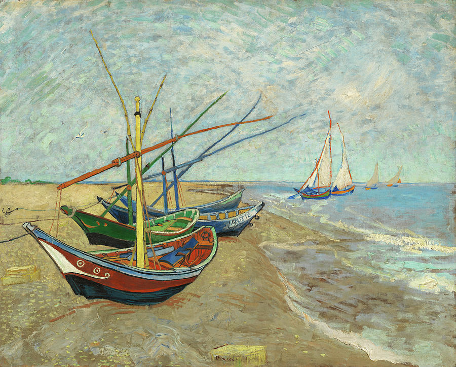 Boat Painting - Fishing boats on the beach at Les Saintes-Maries-de-la-Mer #10 by Vincent van Gogh