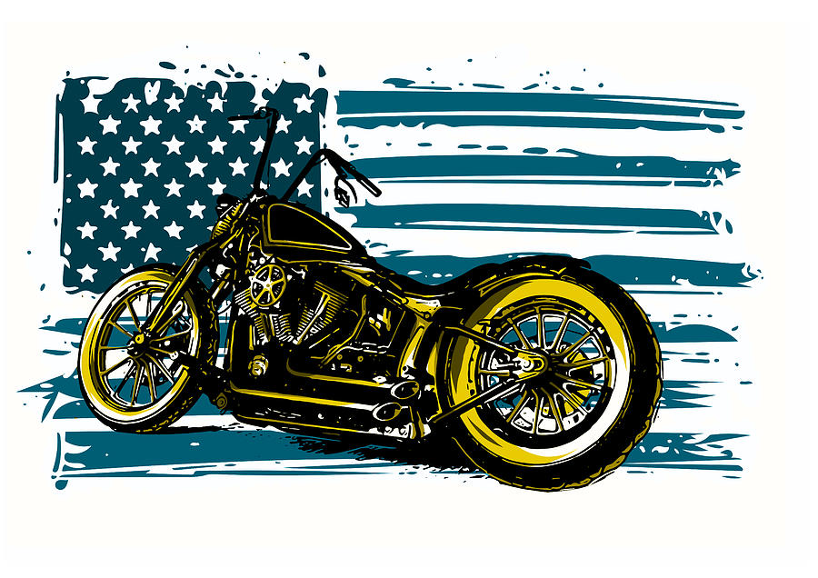 Hand drawn and inked vintage American chopper motorcycle with american ...