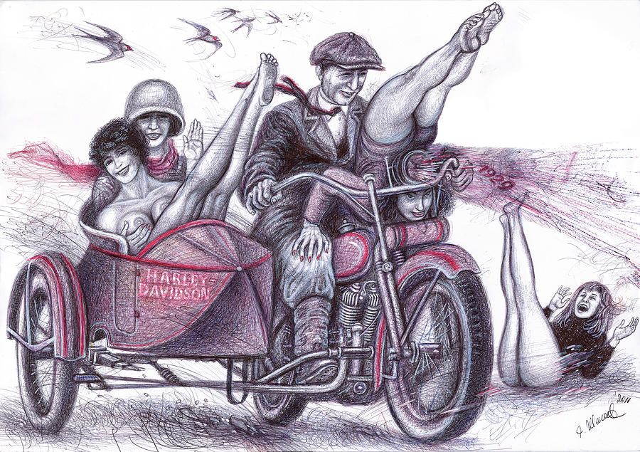 Harley-Davidson, crazy girls Drawing by Mikhail Pisarev