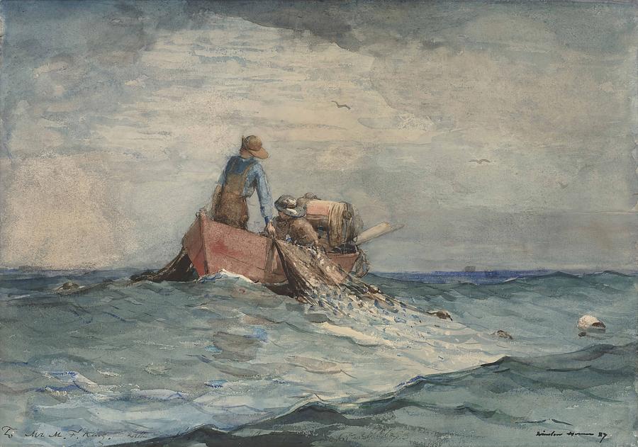 Hauling in the Nets Drawing by Winslow Homer