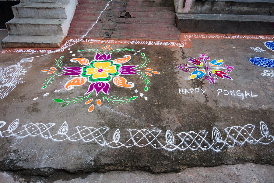 HYDERABAD, INDIA - JANUARY 12,2017 Decorative floral patterns known as Rangoli outside a home on Pongal festival in Hyderabad #9 Photograph by Sanjay Borra