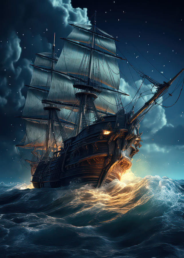 Moonlit Pirate Storm Digital Art