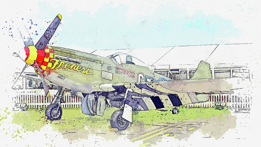 North American P-D Mustang Toulouse Nuts , Vintage Aircraft - Classic War Birds - Planes watercolor  #9 Painting by Celestial Images