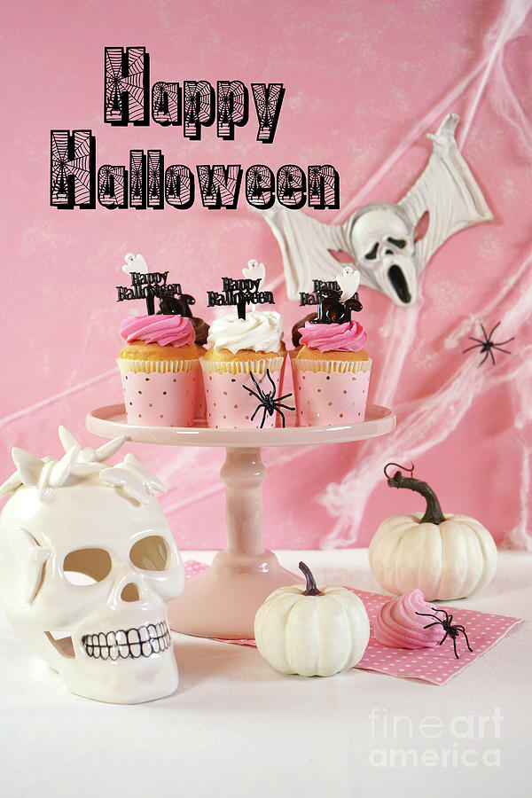 On trend pink Halloween party table with cupcakes #9 Photograph by Milleflore Images