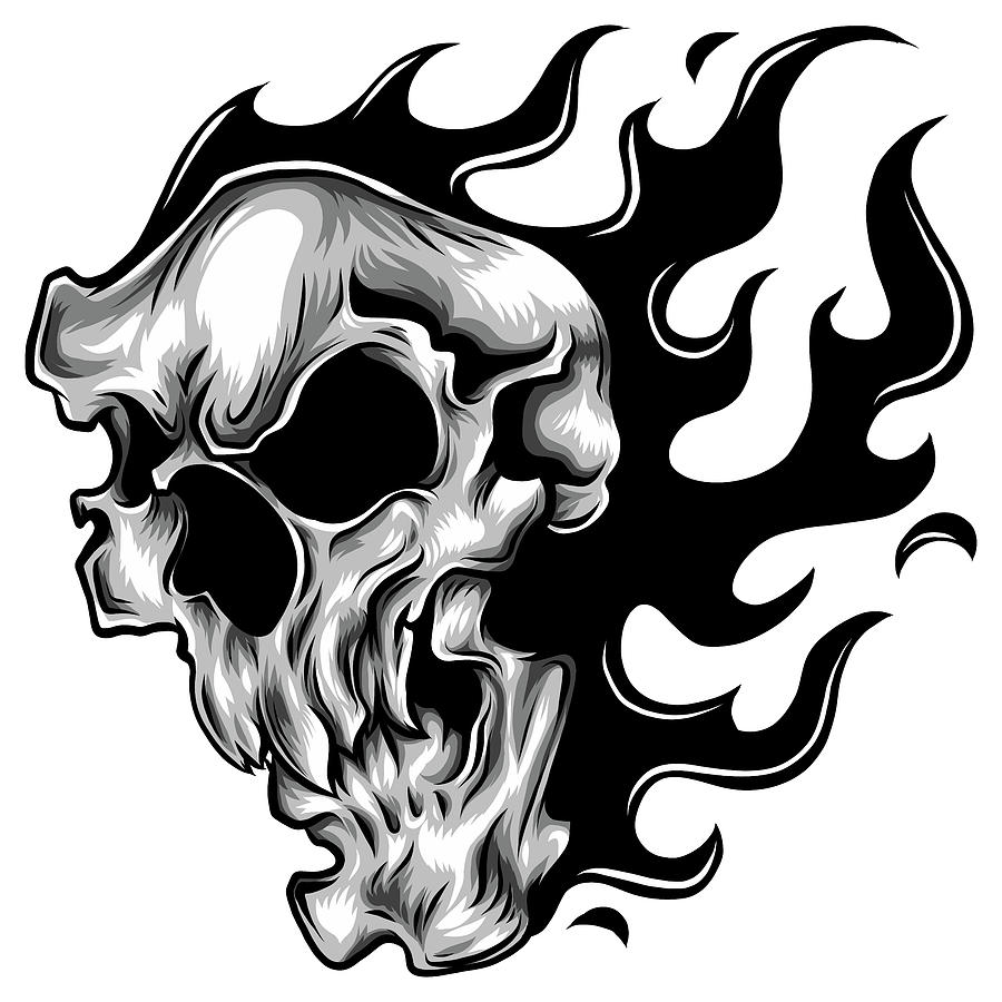 skull and crossbones on fire drawing
