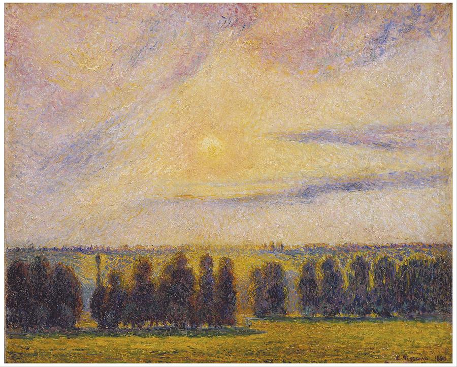 Sunset Painting - Sunset at Eragny #4 by Camille Pissarro