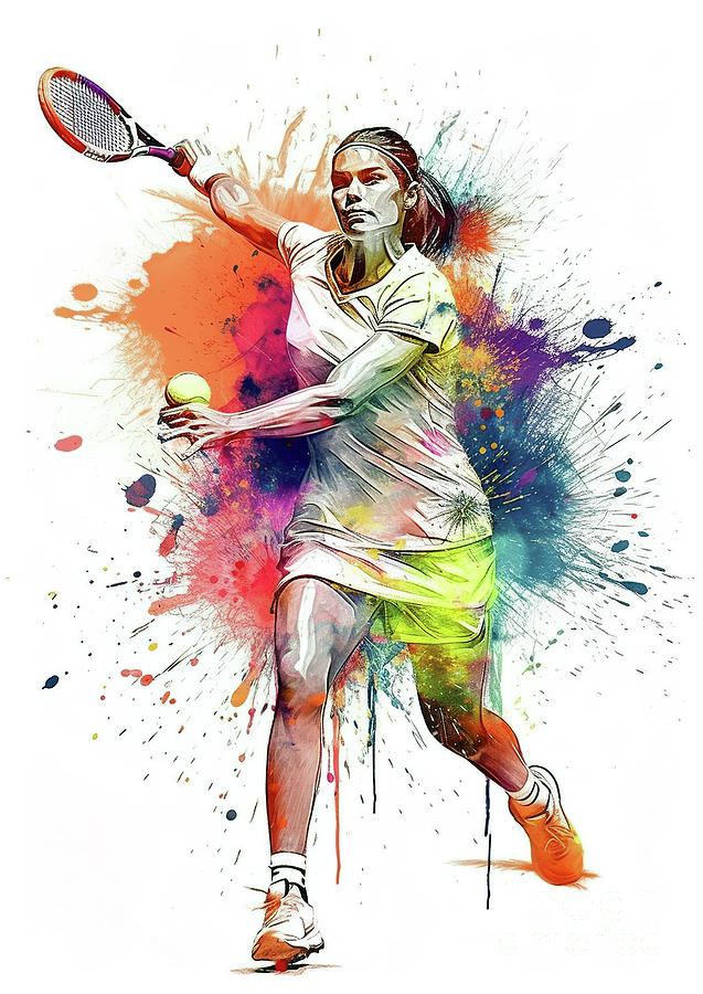 Tennis player in action during colorful paint splash. #9 Digital Art by Odon Czintos