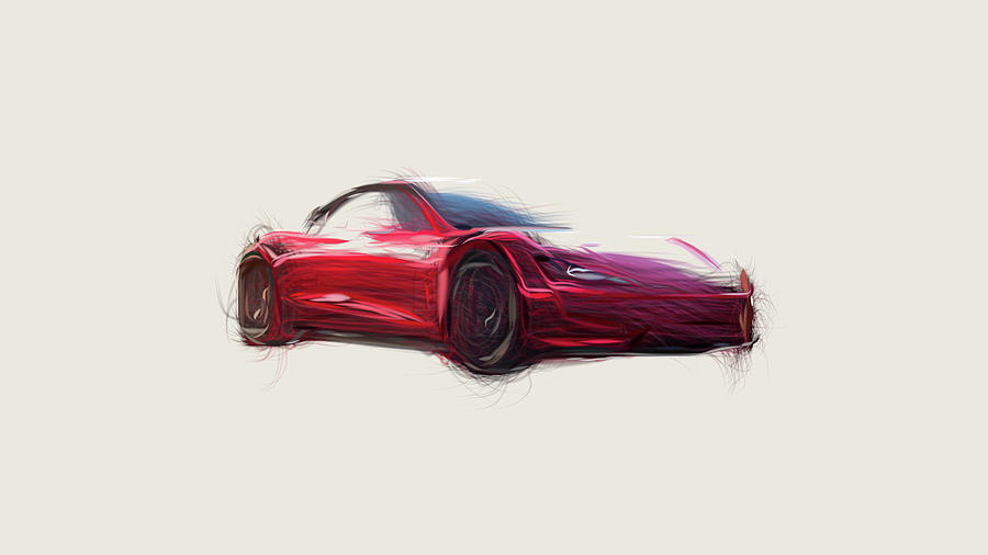 Tesla Roadster Car Drawing #9 Digital Art by CarsToon Concept