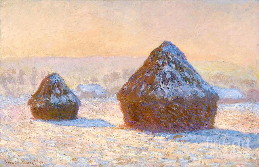 Wheatstacks, Snow Effect, Morning #9 Painting by Claude Monet