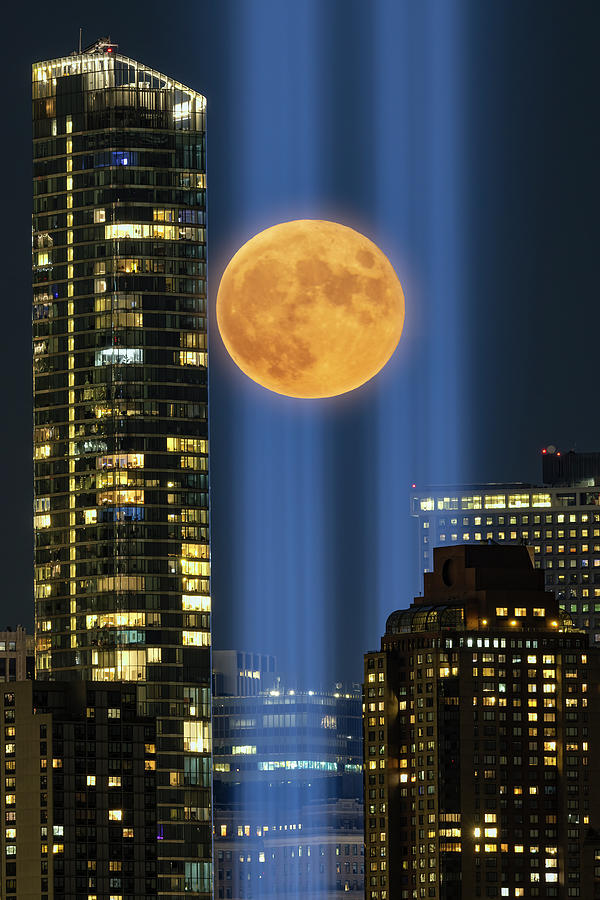 911 Tribute Lights Full Moon Photograph by Susan Candelario