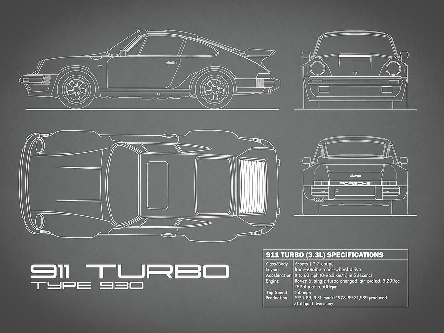Car Photograph - 930 Turbo Blueprint in Gray by Mark Rogan