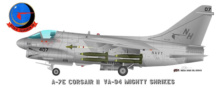 A-7E Corsair II Profile Print VA-94 Mighty Shrikes, USS Enterprise CVN-65 Digital Art by George Bieda