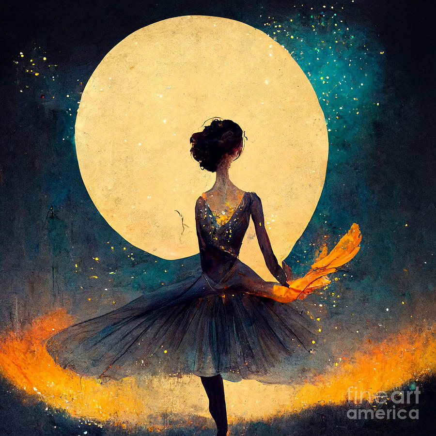 A ballerina dancing with fireflies against the crescent moon Digital ...