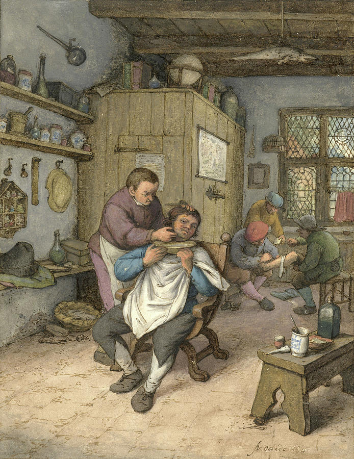 Adriaen Van Ostade Drawing - A Barbershop by Adriaen van Ostade