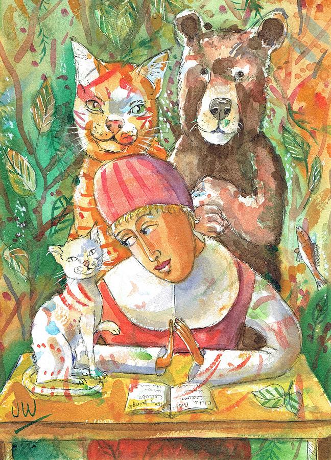 A bear and 2 cats. Painting by June Walker