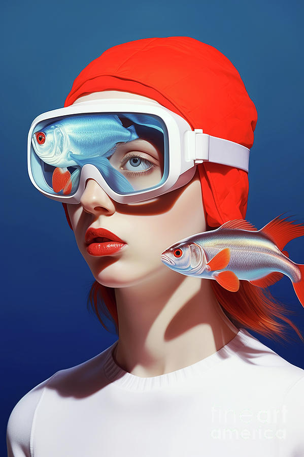 A beautiful model in a red swim cap and white diving goggles with a fish inside. Digital Art by Odon Czintos