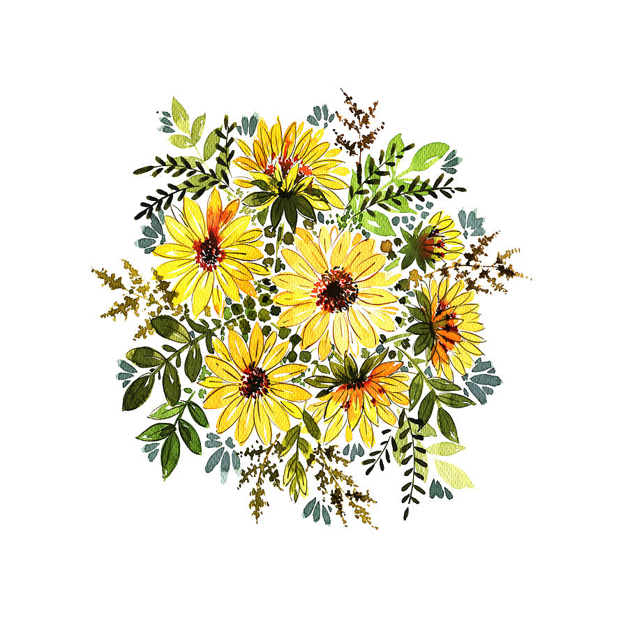 Golden Flowers Blank Greeting Card: hand painted watercolor yellow flowers  and polygon card — Cafe Notes + Company