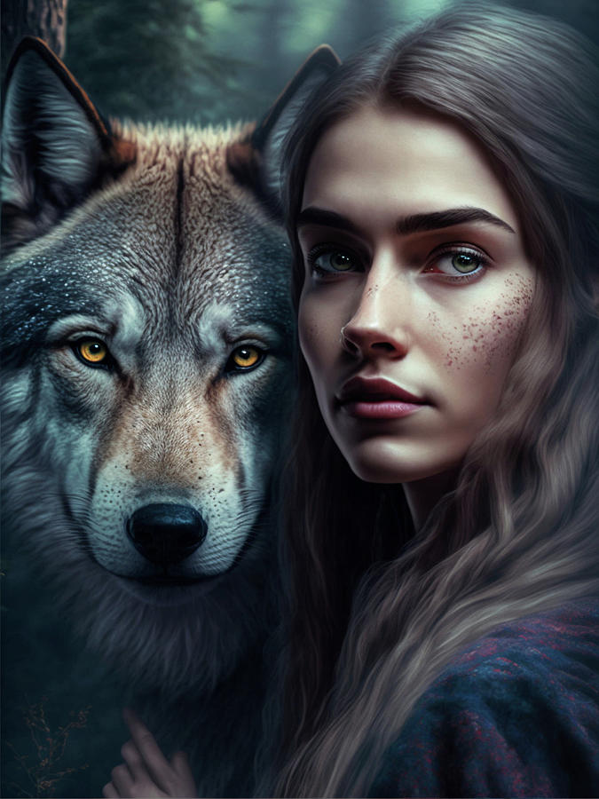 A beautiful woman in the forest with a wolf Digital Art by Eduardo ...