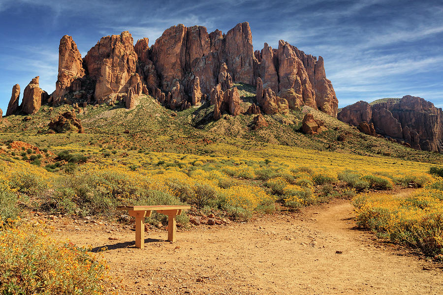 A Bench At The Superstition Mountains Photograph