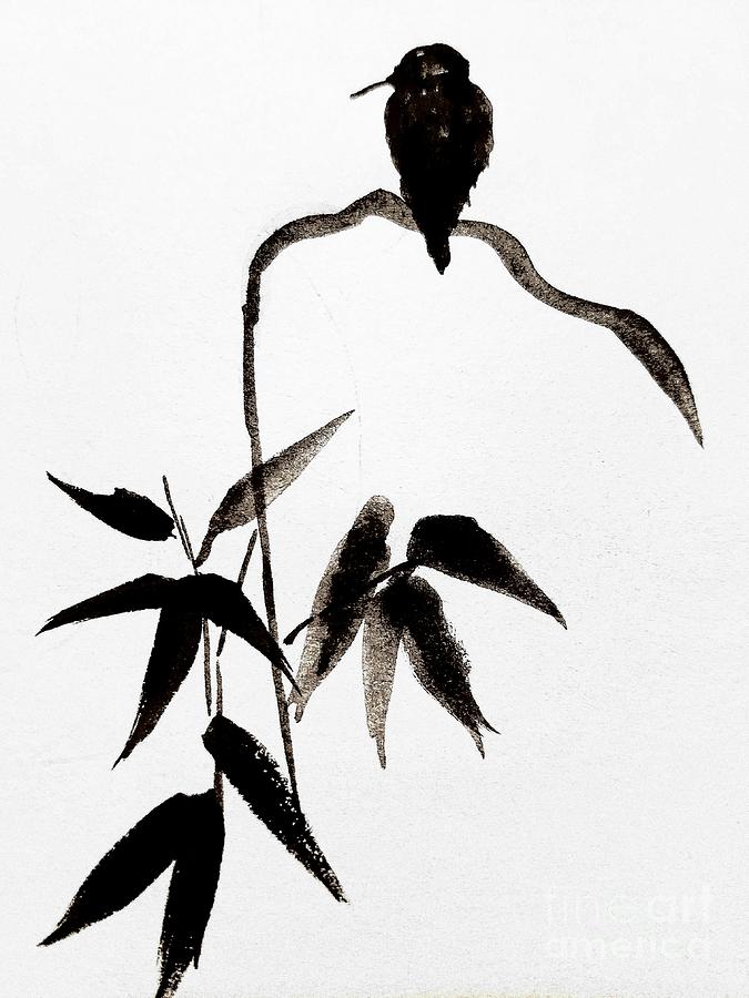A  bird and bamboo in black ink Painting by Margaret Welsh Willowsilk