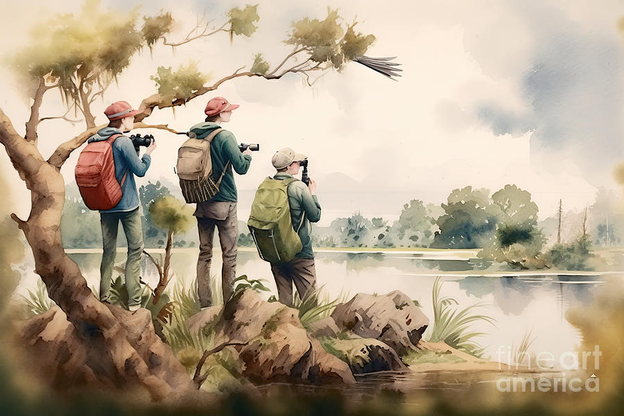 Wildlife Painting - A bird watching trip in a nature reserve, watercolor style, by N Akkash
