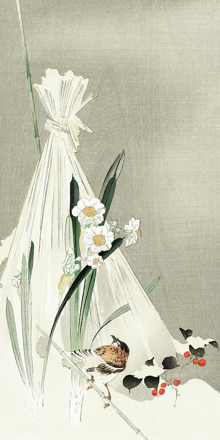 Ohara Koson Painting - A bird with narcissus flowers and a hay bundle by Ohara Koson