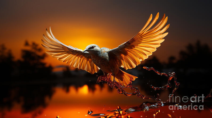 A bird with outstretched wings is captured in mid-flight against a vibrant sunset background,  Digital Art by Odon Czintos