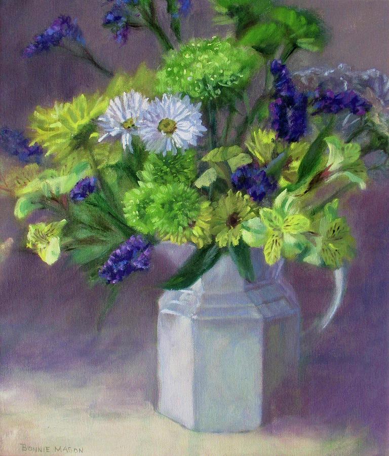 Flower Painting - A Bit of Sunshine - Cheery flowers in a white antique pitcher by Bonnie Mason
