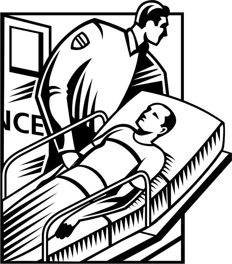 A black and white illustration of a patient being wheeled into the ER Drawing by Spark Studio