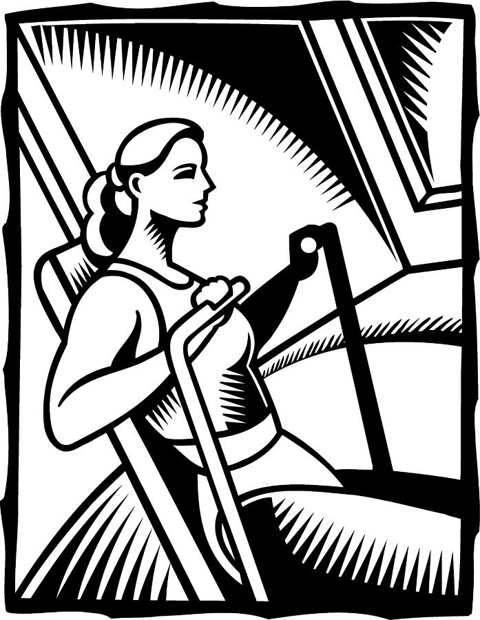 A black and white illustration of a woman exercising on a rowing machine Drawing by Spark Studio